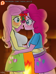 Size: 1200x1600 | Tagged: safe, artist:thealjavis, fluttershy, pinkie pie, equestria girls, g4, blushing, bow, breasts, busty fluttershy, clothes, female, fireplace, lesbian, looking at each other, mistletoe, multiple variants, ship:flutterpie, shipping, skirt, tank top, wavy mouth