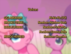 Size: 640x480 | Tagged: safe, screencap, cheerilee (g3), pinkie pie (g3), pony, g3, g3.5, newborn cuties, once upon a my little pony time, over two rainbows, brooke fennel, credits, dana flitman, end credits, gigi abraham, margo herreid, remake, voice actor joke