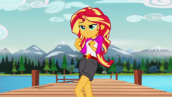Size: 1280x720 | Tagged: safe, screencap, sunset shimmer, equestria girls, g4, my little pony equestria girls: legend of everfree, clothes, embrace the magic, female, fist, lake, legs, pier, scenery, shorts, solo, tree