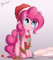 Size: 1802x2040 | Tagged: safe, artist:bugplayer, pinkie pie, earth pony, pony, g4, bugplayer is trying to murder us, christmas, clothes, confetti, cute, diapinkes, female, hat, looking at you, looking up, mare, mistletoe, pillow, santa hat, scarf, smiling, solo