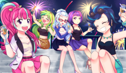 Size: 2070x1200 | Tagged: safe, artist:lucy-tan, indigo zap, lemon zest, sour sweet, sugarcoat, sunny flare, human, equestria girls, g4, my little pony equestria girls: friendship games, armpits, blushing, breasts, cleavage, clothes, crystal prep shadowbolts, cute, dress, female, fireworks, freckles, glasses, group, happy, happy new year, happy new year 2017, headband, headphones, high heels, human coloration, humanized, legs, looking at you, midriff, moe, night, pigtails, pleated skirt, ponytail, shadow five, shoes, skirt, skirt lift, smiling, sunglasses, twintails