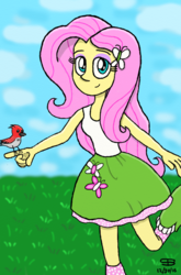 Size: 728x1100 | Tagged: safe, artist:aeroranger100, fluttershy, bird, equestria girls, g4, boots, clothes, cute, female, grass field, looking at you, raised leg, skirt, smiling, socks, solo, tank top