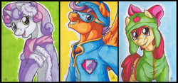 Size: 1500x703 | Tagged: safe, artist:stormblaze-pegasus, apple bloom, scootaloo, sweetie belle, g4, bundled up for winter, cutie mark, cutie mark crusaders, the cmc's cutie marks, traditional art, winter outfit