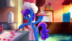 Size: 1024x583 | Tagged: safe, artist:starshinebeast, oc, oc only, oc:sugar rush, earth pony, pony, apron, baking, clothes, solo