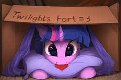 Size: 1920x1266 | Tagged: safe, artist:yakovlev-vad, twilight sparkle, pony, g4, :3, blanket, box fort, cardboard box, cute, female, floppy ears, fluffy, fort, heart, hnnng, looking at you, mare, mouth hold, nom, pillow, prone, smiling, solo, twiabetes, yakovlev-vad is trying to murder us
