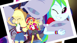 Size: 1280x720 | Tagged: safe, screencap, applejack, fluttershy, rainbow dash, sci-twi, sunset shimmer, twilight sparkle, equestria girls, g4, my little pony equestria girls: legend of everfree, clothes, female, one eye closed, open mouth, photo, pillow, pillow fight, shorts