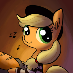 Size: 1280x1280 | Tagged: safe, artist:tjpones, oc, oc only, oc:pommejean, earth pony, pony, baguette, beret, bread, clothes, cute, ear fluff, food, french, gradient background, hat, looking at you, music notes, not applejack, ponytail, shirt, smiling, solo