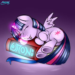 Size: 3000x3000 | Tagged: safe, artist:malamol, twilight sparkle, alicorn, pony, g4, book, bookhorse, bookmark, chibi, cute, female, glowing, high res, hnnng, runes, sleeping, solo, that pony sure does love books, tongue out, twiabetes, twilight sparkle (alicorn), underhoof