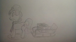 Size: 2560x1440 | Tagged: safe, artist:voona, roseluck, pony, g4, box, clothes, female, hat, scarf, sled, solo, traditional art