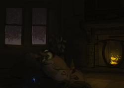 Size: 1600x1137 | Tagged: safe, artist:celestiawept, oc, oc only, oc:trance sequence, pony, cozy, dark, fireplace, solo