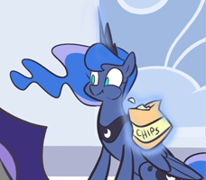 Size: 228x200 | Tagged: source needed, safe, artist:egophiliac, edit, princess luna, pony, g4, animated, chips, eating, female, food, gif, glowing horn, horn, magic, potato chips, solo, telekinesis