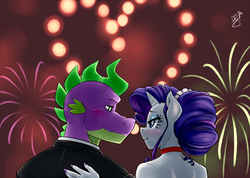 Size: 900x642 | Tagged: safe, artist:pia-sama, rarity, spike, anthro, g4, alternate hairstyle, blushing, choker, clothes, eye contact, fingernails, fireworks, happy new year, happy new year 2017, heart, intimate, lidded eyes, looking at each other, male, nail polish, night, older, older spike, passionate, ship:sparity, shipping, smiling, straight, suit