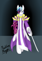 Size: 1396x1989 | Tagged: safe, artist:nonuberis, artist:rubbermage, shining armor, anthro, unguligrade anthro, g4, armor, eye, eyes, legs, robes, shoulder pauldron, solo, sword, tentacles, transformation, weapon