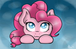 Size: 916x600 | Tagged: safe, artist:spirit-dude, pinkie pie, earth pony, pony, g4, :3, abstract background, blue background, cute, diapinkes, female, looking up, no pupils, pink hair, smiling, solo, sparkly eyes