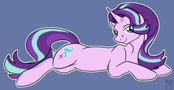 Size: 2382x1234 | Tagged: safe, artist:stormblaze-pegasus, starlight glimmer, pony, g4, female, looking at you, prone, smiling, solo