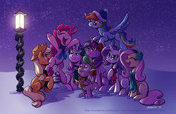 Size: 1224x792 | Tagged: safe, artist:raynesgem, applejack, fluttershy, pinkie pie, rainbow dash, rarity, spike, starlight glimmer, twilight sparkle, alicorn, pony, g4, caroling, clothes, earmuffs, eyes closed, female, flying, hat, hearth's warming, kinetic contrast, mane seven, mane six, mare, night, open mouth, raised hoof, scarf, singing, smiling, snow, starry night, streetlight, twilight sparkle (alicorn)