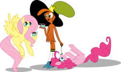 Size: 16826x10000 | Tagged: safe, artist:shawarmacat, fluttershy, pinkie pie, g4, absurd resolution, andrea libman, behaving like a cat, crossover, cup, food, missing cutie mark, simple background, sweet dreams fuel, tea, transparent background, trio, voice actor joke, wander (wander over yonder), wander over yonder