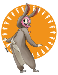Size: 638x825 | Tagged: safe, artist:kprovido, fluttershy, human, rabbit, g4, clothes, costume, cute, female, happy, humanized, kigurumi, looking back, open mouth, shyabetes, solo