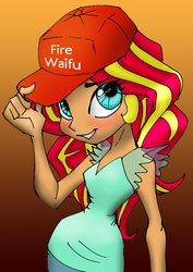 Size: 709x1000 | Tagged: safe, artist:jacobsyndeo, artist:lockhe4rt, color edit, derpibooru exclusive, edit, sunset shimmer, human, equestria girls, g4, best human, cap, colored, eye clipping through hair, female, fiery shimmer, hat, humanized, solo, teenager, waifu