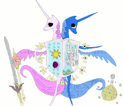 Size: 2964x2532 | Tagged: safe, artist:spiritdutch, princess celestia, princess luna, g4, alicorn amulet, coat of arms, elements of harmony, fanfic, fanfic art, gif, heraldry, high res, non-animated gif, scepter, simple background, sword, weapon, white background