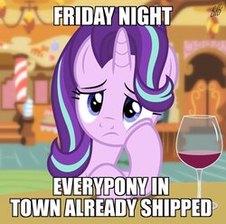 Size: 897x890 | Tagged: safe, artist:dashiesparkle, artist:derpymadness, artist:slb94, starlight glimmer, g4, alcohol, bored, female, image macro, implied shipping, lonely, meme, solo, wine, wine glass