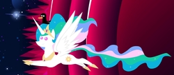Size: 1529x668 | Tagged: artist needed, safe, princess celestia, g4, escape, false vacuum, flying, kurzgesagt, pointy ponies, space