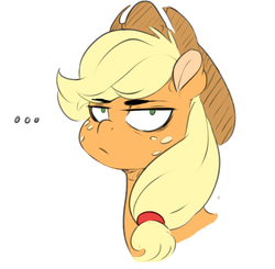 Size: 650x637 | Tagged: safe, artist:sundown, color edit, edit, applejack, earth pony, pony, g4, ..., applejack is not amused, applejack's hat, bust, colored, cowboy hat, female, freckles, frown, hat, lidded eyes, looking at you, portrait, reaction image, simple background, solo, unamused, white background