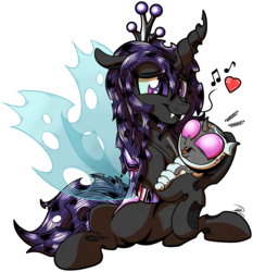 Size: 3559x3816 | Tagged: safe, artist:gray--day, oc, oc only, oc:ember song, changeling, changeling larva, changeling queen, changeling oc, changeling queen oc, cute, female, heart, high res, holding, music notes, purple changeling, simple background, sitting, smiling, transparent background