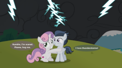 Size: 1125x633 | Tagged: safe, artist:lunaticdawn, rumble, sweetie belle, g4, cutie mark, fear of thunder, lightning, male, scared, ship:rumbelle, shipping, straight, the cmc's cutie marks, thunderstorm, vector