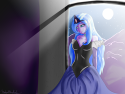 Size: 4000x3000 | Tagged: safe, artist:midnightbarskavil, princess luna, human, g4, breasts, clothes, crepuscular rays, dress, female, full moon, high res, humanized, moonlight, mountain, night sky, pony coloring, sad, signature, solo, stars
