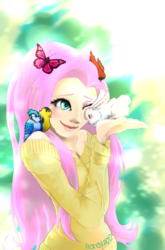 Size: 2260x3424 | Tagged: safe, artist:randyleighd, fluttershy, bird, butterfly, human, rabbit, g4, clothes, cute, female, high res, humanized, off shoulder, one eye closed, shyabetes, solo, sweater, sweatershy, wink