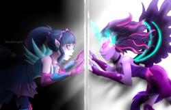 Size: 4056x2608 | Tagged: safe, artist:randyleighd, sci-twi, twilight sparkle, equestria girls, g4, my little pony equestria girls: legend of everfree, clothes, crystal guardian, crystal wings, dr jekyll and mr hyde, duality, elf ears, glowing eyes, high res, looking at each other, midnight sparkle