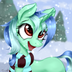 Size: 4096x4096 | Tagged: safe, artist:aurelleah, oc, oc only, oc:eclipse, pony, unicorn, :3, absurd resolution, clothes, commission, cute, eyes on the prize, female, fluffy, happy, looking up, not lyra, open mouth, scarf, signature, simple background, smiling, snow, solo, winter