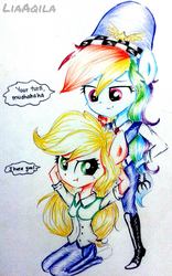 Size: 1275x2048 | Tagged: safe, artist:liaaqila, applejack, rainbow dash, equestria girls, g4, arm behind head, arrested, cuffs, police, ponied up, smirk, traditional art