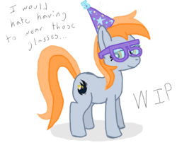 Size: 2200x1800 | Tagged: safe, artist:phat_guy, derpibooru exclusive, oc, oc only, oc:darkest hour, earth pony, pony, 05, 5, dialogue, english, female, glasses, hat, mare, party hat, simple background, smiling, solo, standing, white background, wip