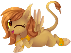 Size: 1024x772 | Tagged: safe, artist:sugguk, oc, oc only, oc:cleo, pony, sphinx, cute, female, mare, ocbetes, one eye closed, open mouth, simple background, smiling, solo, sphinx oc, transparent background, wink