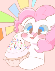 Size: 1100x1426 | Tagged: safe, artist:monon0, pinkie pie, g4, blushing, cupcake, cute, female, food, solo, sprinkles, tongue out