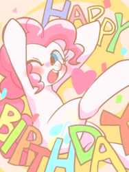 Size: 600x800 | Tagged: safe, artist:monon0, pinkie pie, earth pony, pony, g4, abstract background, confetti, cute, female, happy, happy birthday, heart, looking at you, mare, one eye closed, open mouth, solo, wink