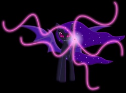 Size: 1000x740 | Tagged: safe, artist:prism note, oc, oc only, oc:midnight symphony, oc:nightmare melody, bat pony, pony, black background, darkness, female, flowing mane, glowing, lidded eyes, looking at you, magic, mare, simple background, smiling, smirk, solo, sparkles, spread wings, wings