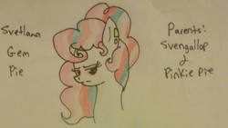 Size: 1600x901 | Tagged: safe, artist:neonaarts, oc, oc only, oc:svetlana gem pie, offspring, parent:pinkie pie, parent:svengallop, solo, traditional art