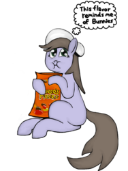Size: 960x1280 | Tagged: safe, artist:volframijoma, oc, oc only, oc:emily, reese's pieces, simple background, sitting, solo, stardew valley, thought bubble, transparent background