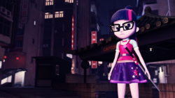 Size: 1920x1080 | Tagged: safe, artist:razethebeast, sci-twi, twilight sparkle, equestria girls, g4, 3d, city, clothes, female, glasses, solo, source filmmaker, sword, weapon