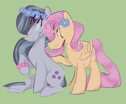 Size: 640x533 | Tagged: safe, artist:limestonepie, fluttershy, marble pie, g4, duo, floral head wreath, flower, raised hoof, simple background, weird nose