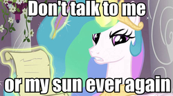 Size: 959x537 | Tagged: safe, edit, edited screencap, screencap, princess celestia, g4, angry, bitchlestia, don't talk to me or my son ever again, female, image macro, magic, meme, pun, scroll, solo