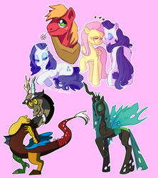 Size: 640x720 | Tagged: safe, artist:masked-cracker, big macintosh, discord, fluttershy, queen chrysalis, rarity, g4, female, lesbian, male, ship:flarity, shipping