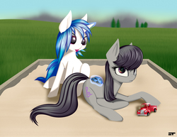 Size: 6600x5100 | Tagged: safe, artist:styroponyworks, dj pon-3, octavia melody, vinyl scratch, pony, g4, absurd resolution, cute, duo, embarrassed, magic, octavia is not amused, sandbox, tongue out, toy car, unamused, vinylbetes