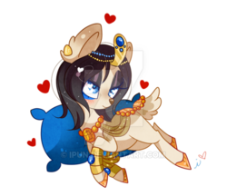 Size: 600x518 | Tagged: safe, artist:ipun, oc, oc only, deer pony, original species, egyptian, female, heart, heart eyes, pillow, simple background, solo, transparent background, watermark, wingding eyes