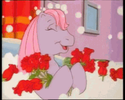 Size: 450x360 | Tagged: safe, screencap, clover (g1), earth pony, pony, g1, my little pony tales, out of luck, animated, bath, bathtub, female, flower, gif, rose, solo