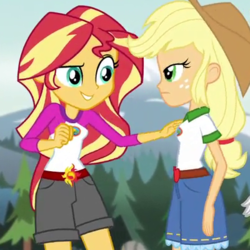 Size: 400x400 | Tagged: safe, screencap, applejack, sunset shimmer, equestria girls, g4, my little pony equestria girls: legend of everfree, cropped, out of context