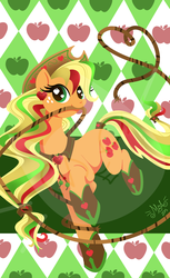Size: 1173x1920 | Tagged: safe, artist:meastudios, part of a set, applejack, g4, apple, ear piercing, earring, female, food, jewelry, lasso, lineless, looking at you, mouth hold, piercing, rainbow power, rope, solo, watermark, wingding eyes
